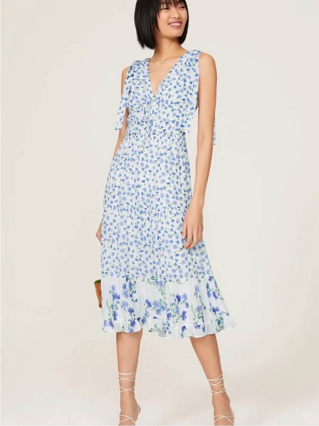 Shoshanna Helena Dress Sleeveless V-Neck Blue Floral Midi Dress K